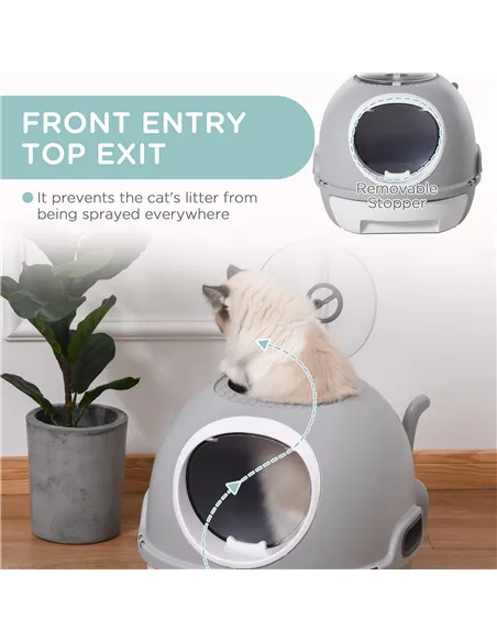PawHut Cat Litter Box Toilet with Litter Scoop Enclosed Drawer, Front Entry Top Exit, Easy To Clean Grey