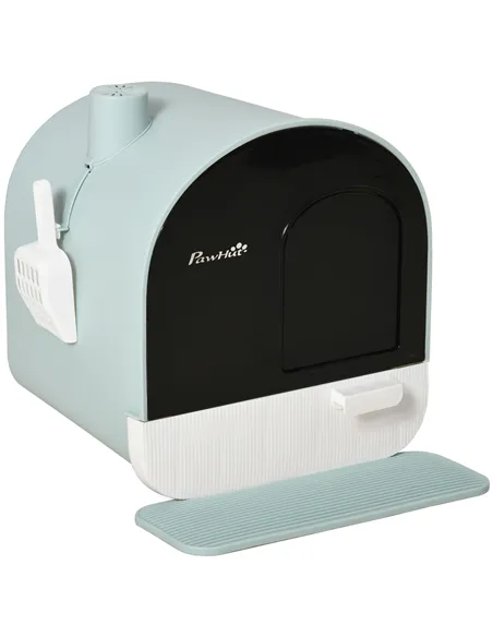 PawHut Hooded Cat Litter Box, Kitten Litter Tray, with Lid, Scoop, Filter, Flap Door