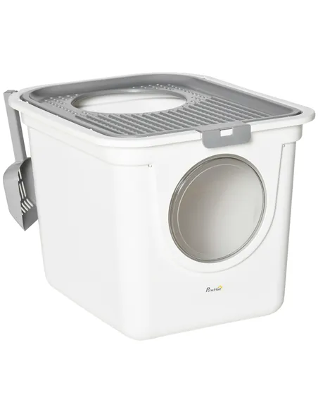 PawHut Cat Litter Box, Pet Toilet, Enclosed Kitten Pan with Front Entrance Top Exit, High Side, Scoop, White
