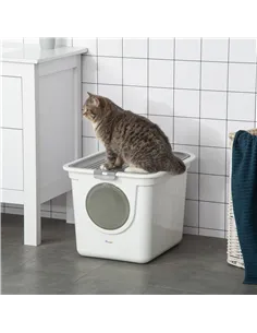 PawHut Cat Litter Box, Pet Toilet, Enclosed Kitten Pan with Front Entrance Top Exit, High Side, Scoop, White 2