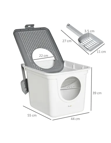 PawHut Cat Litter Box, Pet Toilet, Enclosed Kitten Pan with Front Entrance Top Exit, High Side, Scoop, White