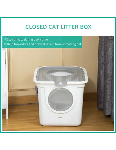 PawHut Cat Litter Box, Pet Toilet, Enclosed Kitten Pan with Front Entrance Top Exit, High Side, Scoop, White