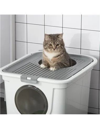 PawHut Cat Litter Box, Pet Toilet, Enclosed Kitten Pan with Front Entrance Top Exit, High Side, Scoop, White