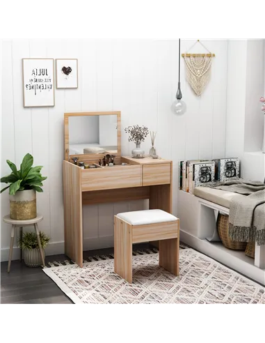HOMCOM Dressing Table with Flip-Up Mirror and Cushioned Stool, Makeup Vanity Desk with Hidden Compartments and Storage Drawer, C