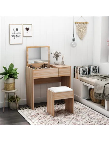 HOMCOM Dressing Table with Flip-Up Mirror and Cushioned Stool, Makeup Vanity Desk with Hidden Compartments and Storage Drawer, C