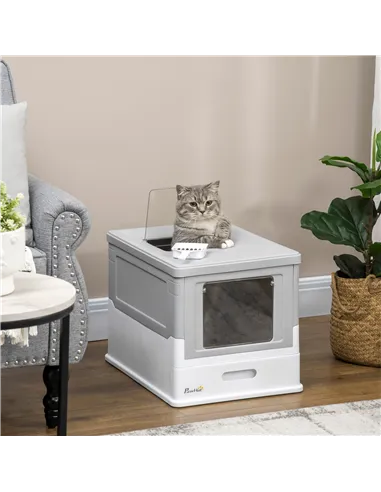 PawHut Hooded Cat Litter Box, Portable Pet Toilet, with Scoop, Front Entry - Grey