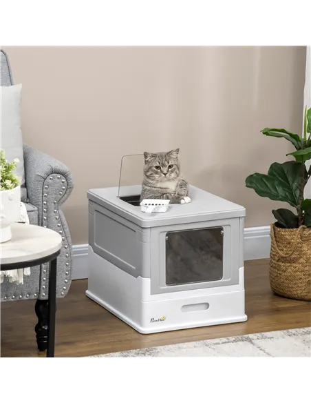PawHut Hooded Cat Litter Box, Portable Pet Toilet, with Scoop, Front Entry - Grey