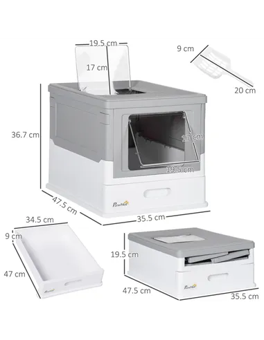 PawHut Hooded Cat Litter Box, Portable Pet Toilet, with Scoop, Front Entry - Grey