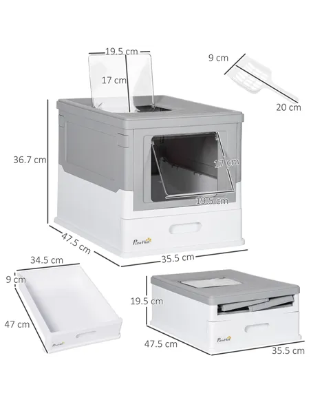 PawHut Hooded Cat Litter Box, Portable Pet Toilet, with Scoop, Front Entry - Grey