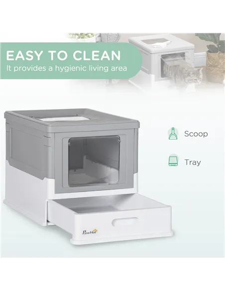 PawHut Hooded Cat Litter Box, Portable Pet Toilet, with Scoop, Front Entry - Grey