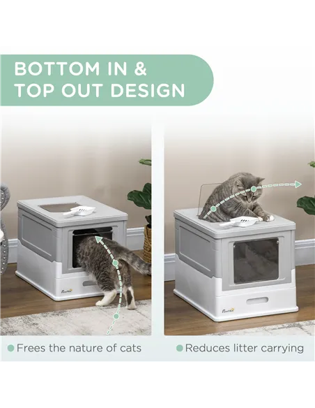 PawHut Hooded Cat Litter Box, Portable Pet Toilet, with Scoop, Front Entry - Grey