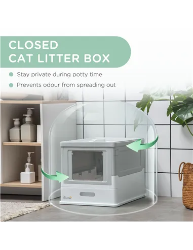 PawHut Hooded Cat Litter Box, Portable Pet Toilet, with Scoop, Front Entry - Grey