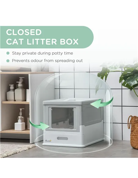 PawHut Hooded Cat Litter Box, Portable Pet Toilet, with Scoop, Front Entry - Grey