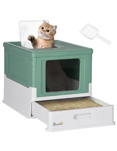PawHut Hooded Cat Litter Box, Portable Pet Toilet, with Scoop, Front Entry - Green