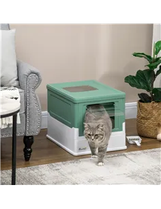 PawHut Hooded Cat Litter Box, Portable Pet Toilet, with Scoop, Front Entry - Green 2
