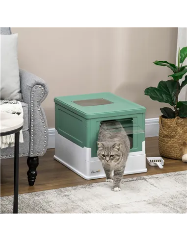 PawHut Hooded Cat Litter Box, Portable Pet Toilet, with Scoop, Front Entry - Green