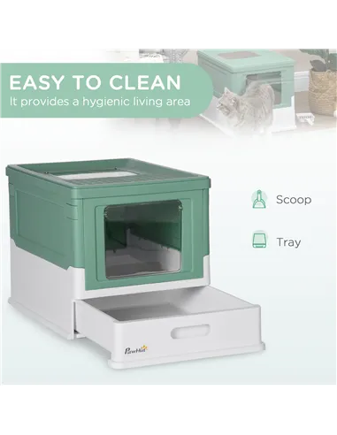 PawHut Hooded Cat Litter Box, Portable Pet Toilet, with Scoop, Front Entry - Green