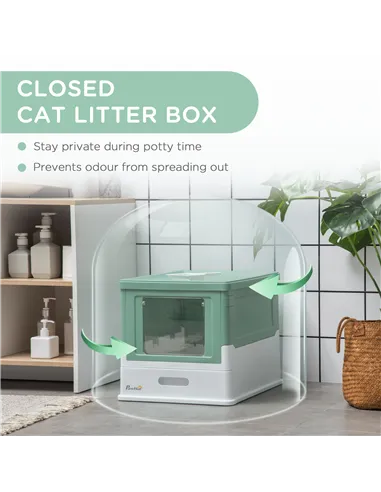 PawHut Hooded Cat Litter Box, Portable Pet Toilet, with Scoop, Front Entry - Green