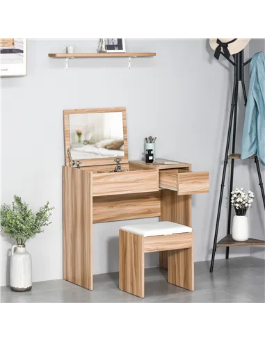 HOMCOM Dressing Table with Flip-Up Mirror and Cushioned Stool, Makeup Vanity Desk with Hidden Compartments and Storage Drawer, C