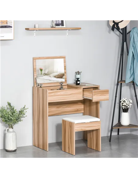 HOMCOM Dressing Table with Flip-Up Mirror and Cushioned Stool, Makeup Vanity Desk with Hidden Compartments and Storage Drawer, C
