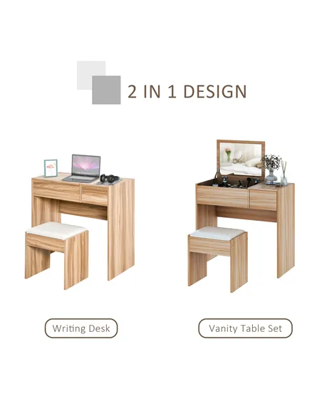 HOMCOM Dressing Table with Flip-Up Mirror and Cushioned Stool, Makeup Vanity Desk with Hidden Compartments and Storage Drawer, C