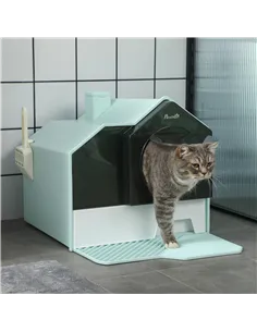 PawHut Hooded Cat Litter Tray w/ Scoop Light Blue 2