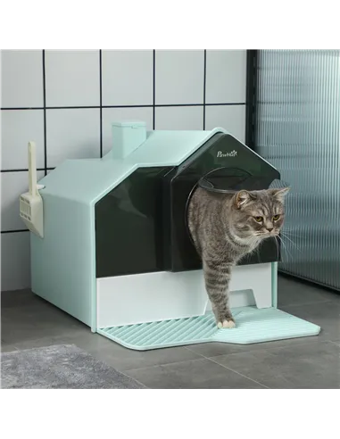 PawHut Hooded Cat Litter Tray w/ Scoop Light Blue