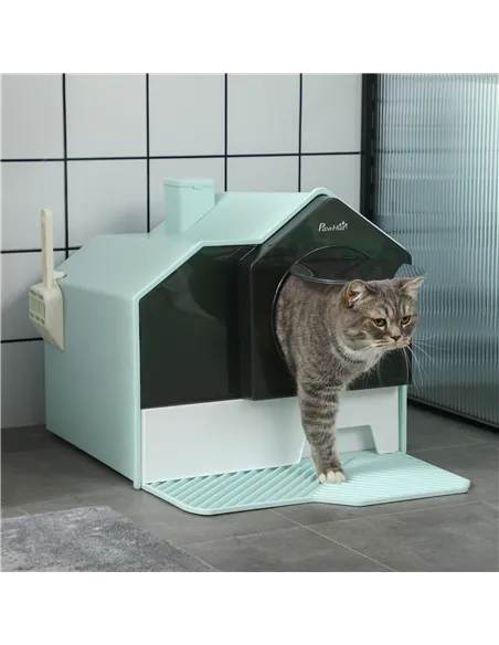 PawHut Hooded Cat Litter Tray w/ Scoop Light Blue