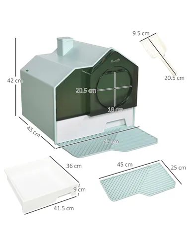 PawHut Hooded Cat Litter Tray w/ Scoop Light Blue