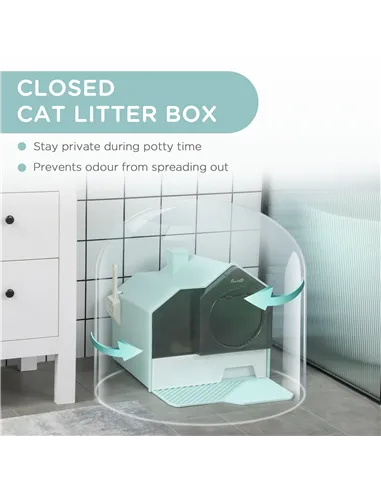 PawHut Hooded Cat Litter Tray w/ Scoop Light Blue