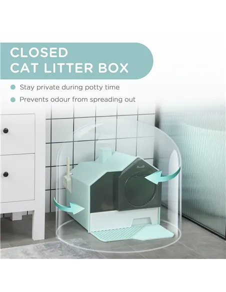 PawHut Hooded Cat Litter Tray w/ Scoop Light Blue
