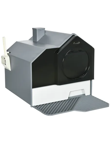 PawHut Hooded Cat Litter Tray with Scoop, Cat Litter Box with Drawer Pan, Handle, Deodorants, Hut Design, Front Entrance, 47 x 4