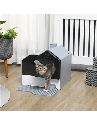 PawHut Hooded Cat Litter Tray with Scoop, Cat Litter Box with Drawer Pan, Handle, Deodorants, Hut Design, Front Entrance, 47 x 4