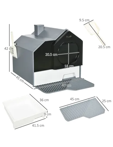 PawHut Hooded Cat Litter Tray with Scoop, Cat Litter Box with Drawer Pan, Handle, Deodorants, Hut Design, Front Entrance, 47 x 4