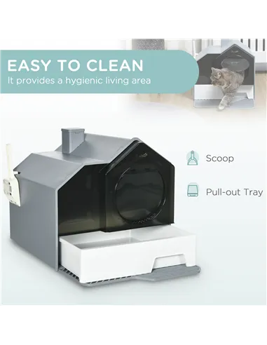 PawHut Hooded Cat Litter Tray with Scoop, Cat Litter Box with Drawer Pan, Handle, Deodorants, Hut Design, Front Entrance, 47 x 4