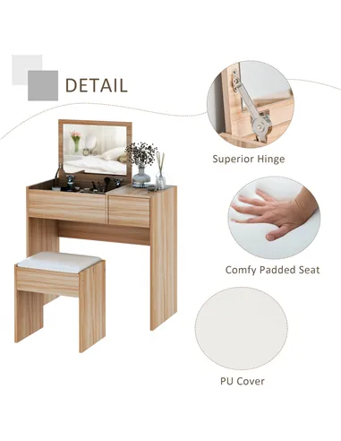 HOMCOM Dressing Table with Flip-Up Mirror and Cushioned Stool, Makeup Vanity Desk with Hidden Compartments and Storage Drawer, C