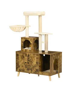 PawHut Cat Litter Box Enclosure, with Tree Tower, Cat House, Hammock, Cushion - Rustic Brown