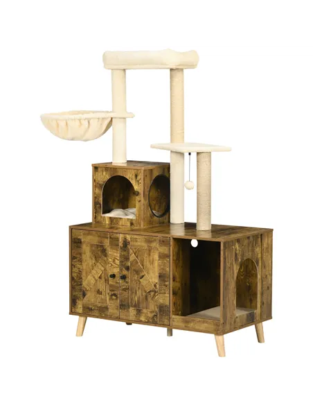 PawHut Cat Litter Box Enclosure, with Tree Tower, Cat House, Hammock, Cushion - Rustic Brown