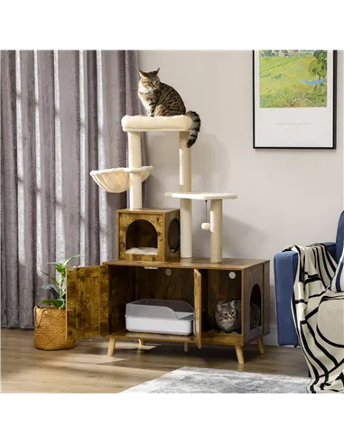 PawHut Cat Litter Box Enclosure, with Tree Tower, Cat House, Hammock, Cushion - Rustic Brown