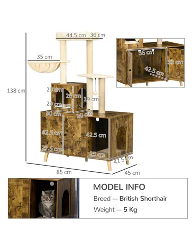 PawHut Cat Litter Box Enclosure, with Tree Tower, Cat House, Hammock, Cushion - Rustic Brown