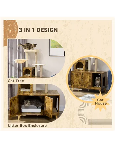 PawHut Cat Litter Box Enclosure, with Tree Tower, Cat House, Hammock, Cushion - Rustic Brown