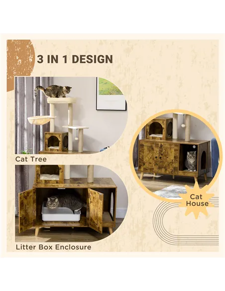 PawHut Cat Litter Box Enclosure, with Tree Tower, Cat House, Hammock, Cushion - Rustic Brown