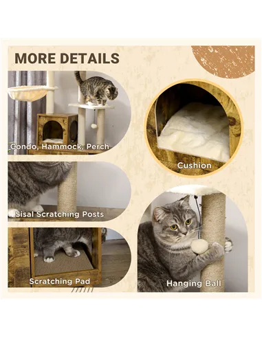 PawHut Cat Litter Box Enclosure, with Tree Tower, Cat House, Hammock, Cushion - Rustic Brown