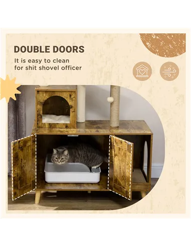 PawHut Cat Litter Box Enclosure, with Tree Tower, Cat House, Hammock, Cushion - Rustic Brown