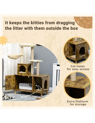 PawHut Cat Litter Box Enclosure, with Tree Tower, Cat House, Hammock, Cushion - Rustic Brown