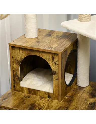 PawHut Cat Litter Box Enclosure, with Tree Tower, Cat House, Hammock, Cushion - Rustic Brown