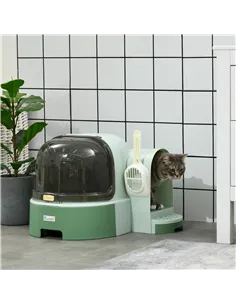 PawHut 2 in 1 Cat Litter Box, with Drawer Pans, Scoop, Openable Cover - Green 2