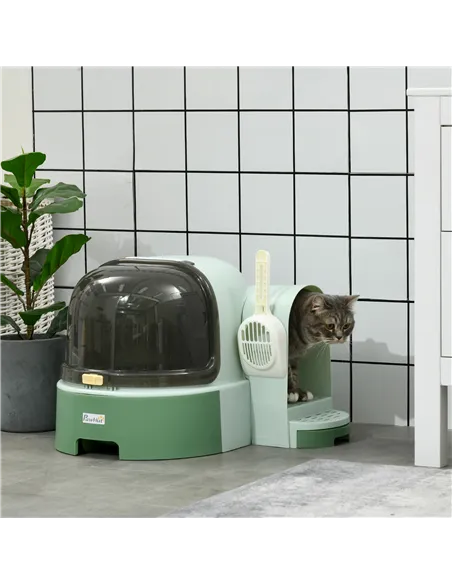 PawHut 2 in 1 Cat Litter Box, with Drawer Pans, Scoop, Openable Cover - Green