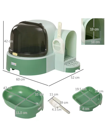 PawHut 2 in 1 Cat Litter Box, with Drawer Pans, Scoop, Openable Cover - Green