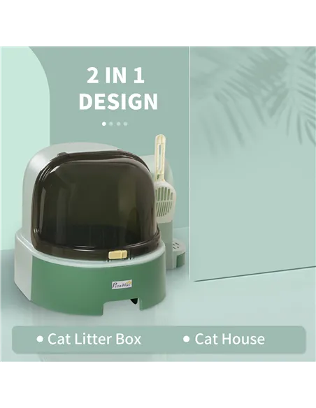 PawHut 2 in 1 Cat Litter Box, with Drawer Pans, Scoop, Openable Cover - Green